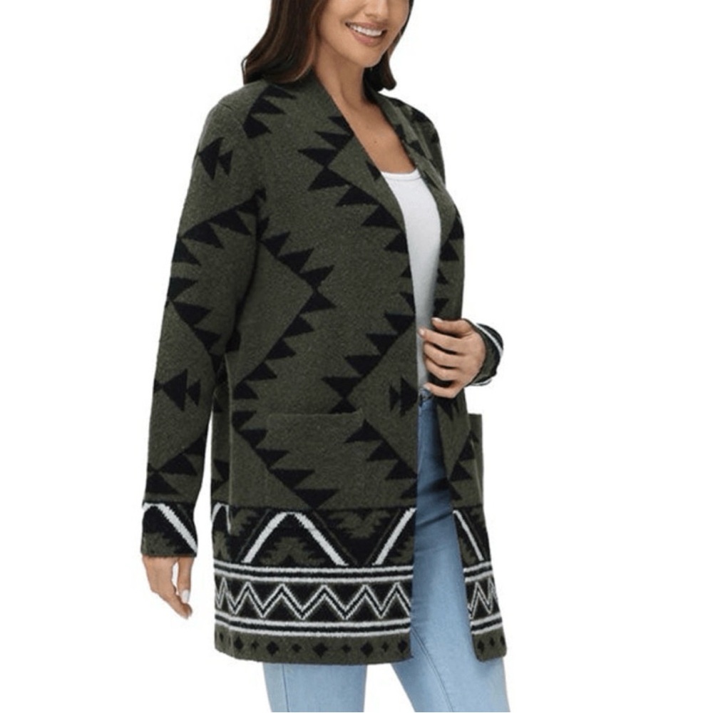 Frye Cozy Cardigan Olive Green Knit Boho Western Aztec Duster Long Sweater S - Picture 3 of 16